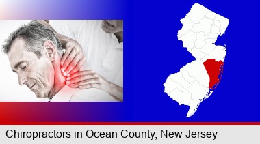 male chiropractor massaging the neck of a patient; Ocean County highlighted in red on a map