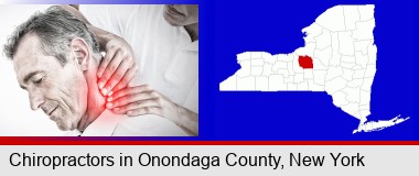 male chiropractor massaging the neck of a patient; Onondaga County highlighted in red on a map