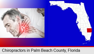 male chiropractor massaging the neck of a patient; Palm Beach County highlighted in red on a map