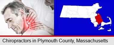 male chiropractor massaging the neck of a patient; Plymouth County highlighted in red on a map