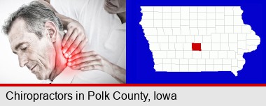 male chiropractor massaging the neck of a patient; Polk County highlighted in red on a map