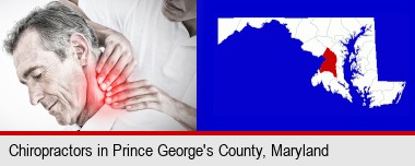 male chiropractor massaging the neck of a patient; Prince George's County highlighted in red on a map