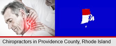 male chiropractor massaging the neck of a patient; Providence County highlighted in red on a map