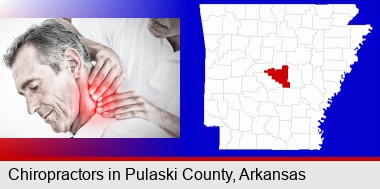 male chiropractor massaging the neck of a patient; Pulaski County highlighted in red on a map