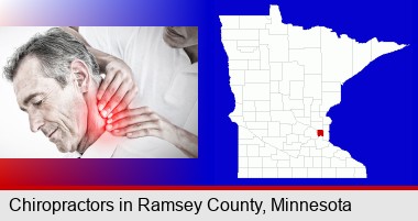 male chiropractor massaging the neck of a patient; Ramsey County highlighted in red on a map