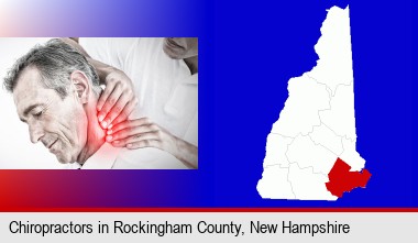 male chiropractor massaging the neck of a patient; Rockingham County highlighted in red on a map