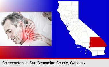 male chiropractor massaging the neck of a patient; San Bernardino County highlighted in red on a map