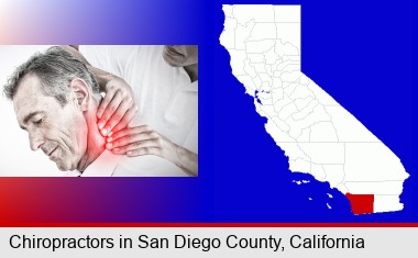 male chiropractor massaging the neck of a patient; San Diego County highlighted in red on a map