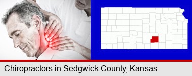 male chiropractor massaging the neck of a patient; Sedgwick County highlighted in red on a map