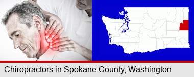 male chiropractor massaging the neck of a patient; Spokane County highlighted in red on a map