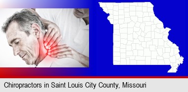 male chiropractor massaging the neck of a patient; St Louis City highlighted in red on a map