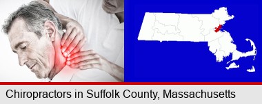 male chiropractor massaging the neck of a patient; Suffolk County highlighted in red on a map