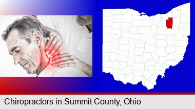 male chiropractor massaging the neck of a patient; Summit County highlighted in red on a map
