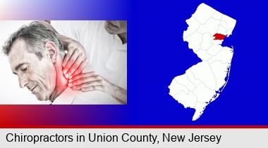 male chiropractor massaging the neck of a patient; Union County highlighted in red on a map