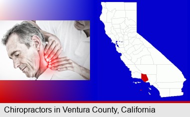 male chiropractor massaging the neck of a patient; Ventura County highlighted in red on a map