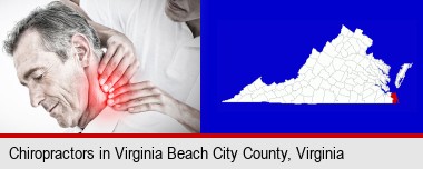 male chiropractor massaging the neck of a patient; Virginia Beach City County highlighted in red on a map