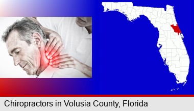 male chiropractor massaging the neck of a patient; Volusia County highlighted in red on a map