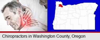 male chiropractor massaging the neck of a patient; Washington County highlighted in red on a map