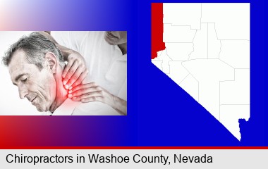 male chiropractor massaging the neck of a patient; Washoe County highlighted in red on a map