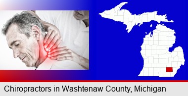 male chiropractor massaging the neck of a patient; Washtenaw County highlighted in red on a map