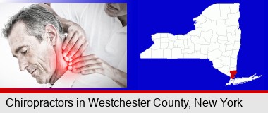 male chiropractor massaging the neck of a patient; Westchester County highlighted in red on a map