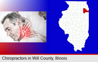 male chiropractor massaging the neck of a patient; Will County highlighted in red on a map