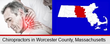 male chiropractor massaging the neck of a patient; Worcester County highlighted in red on a map
